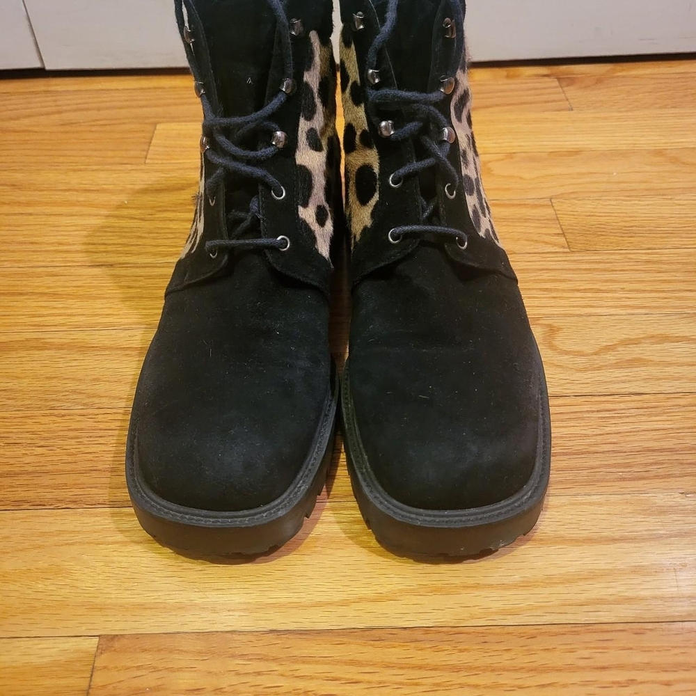 Stuart Weitzman Black and Leopard Lace Up Boots